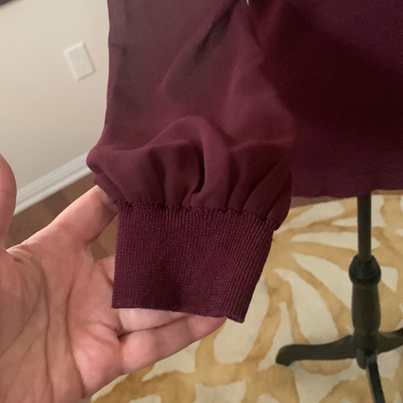 INC, Sz M, burgundy top with sheer cuffed sleeves. - Picture 3 of 6